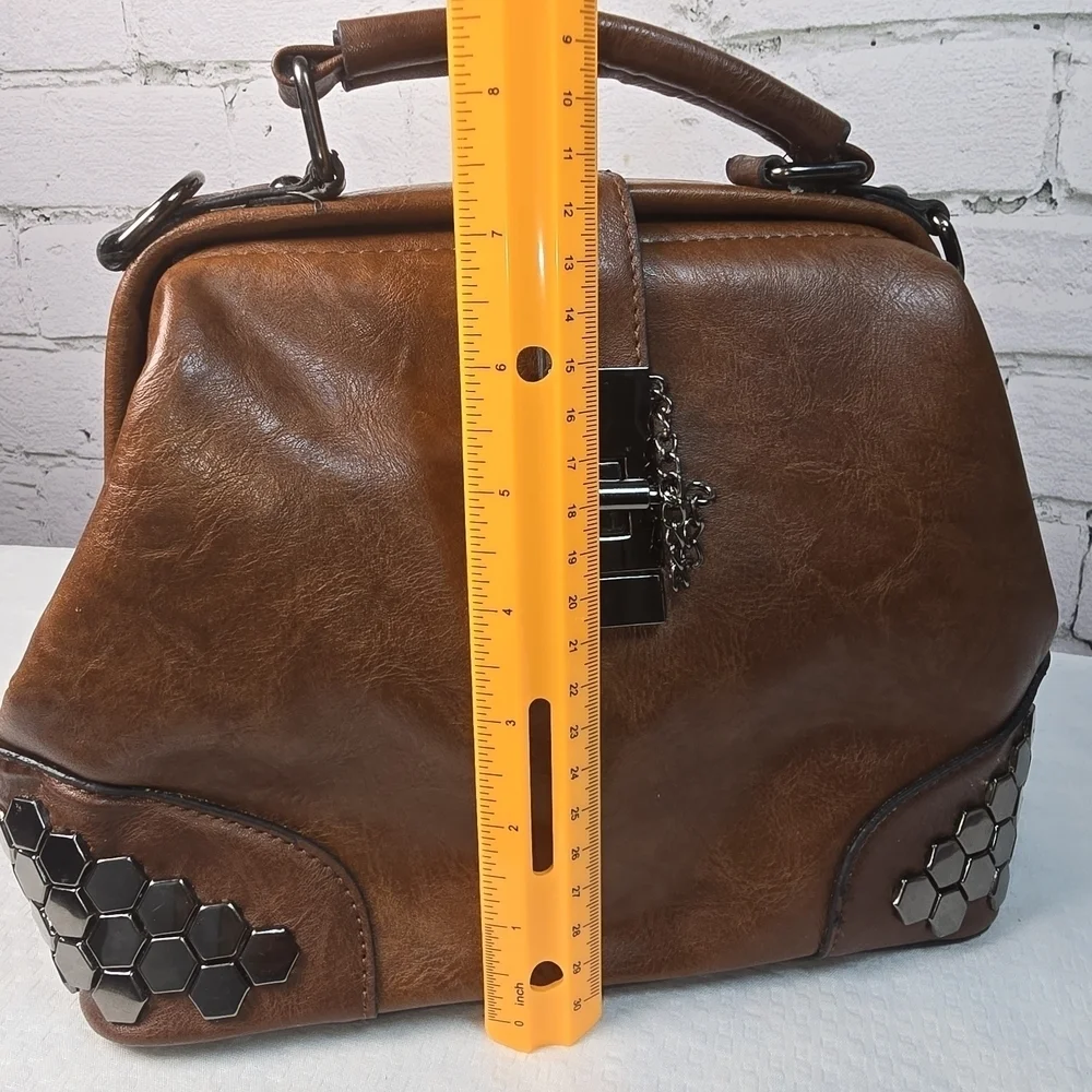H SAMS VINTAGE BROWN SATCHEL PURSE HANDBAG LEATHER HONEYCOMB METAL DETAIL